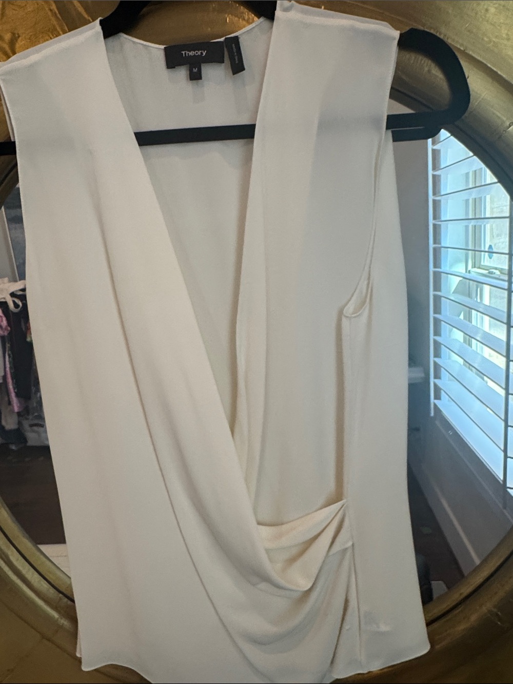 NWOT Theory 100% Silk Cream Sleeveless Draped V-Neck Blouse